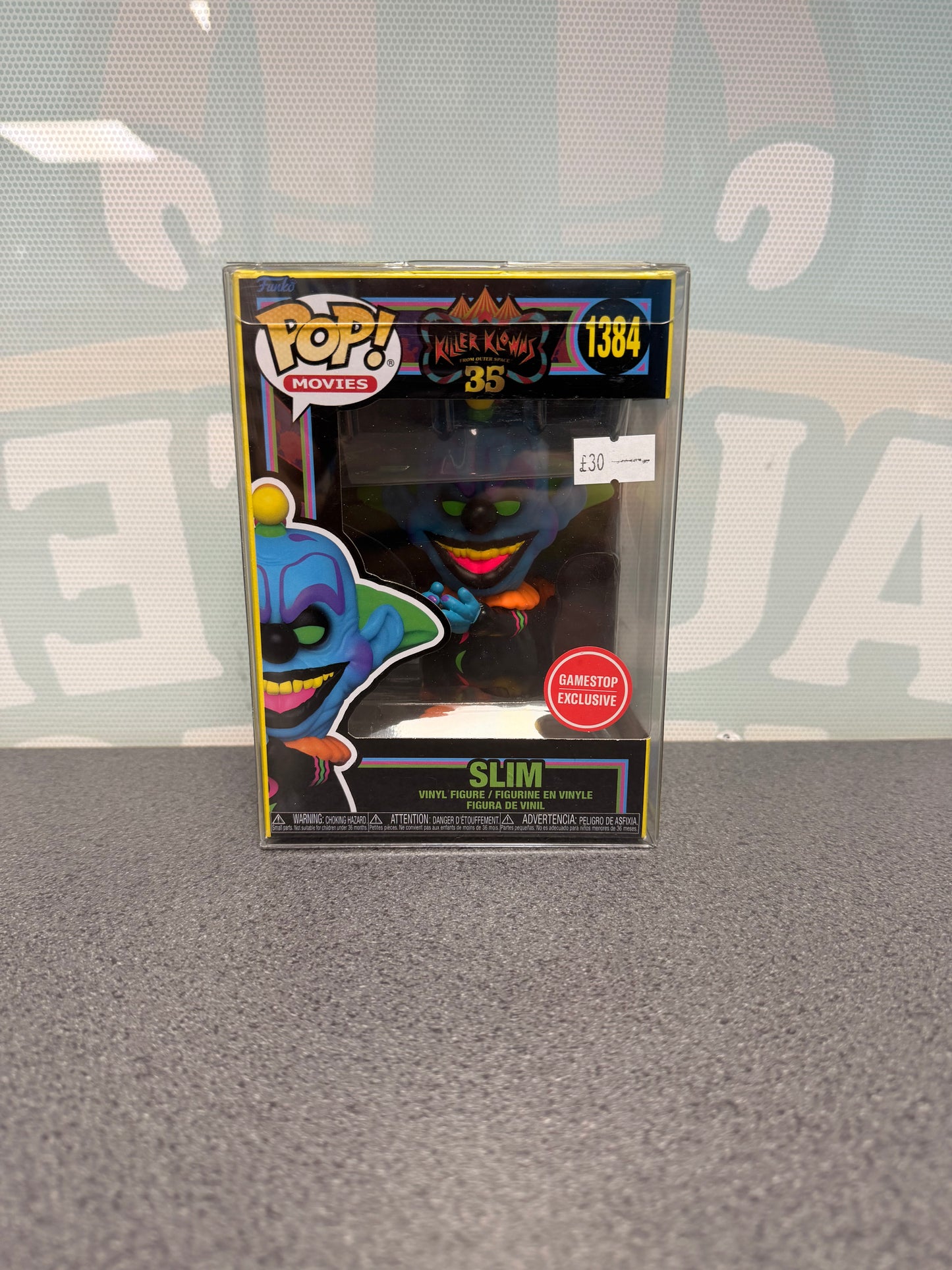 Slim #1384 Blacklight GameStop Exclusive Funko Pop! from Killer Klowns from Outer Space – front of box and figure
