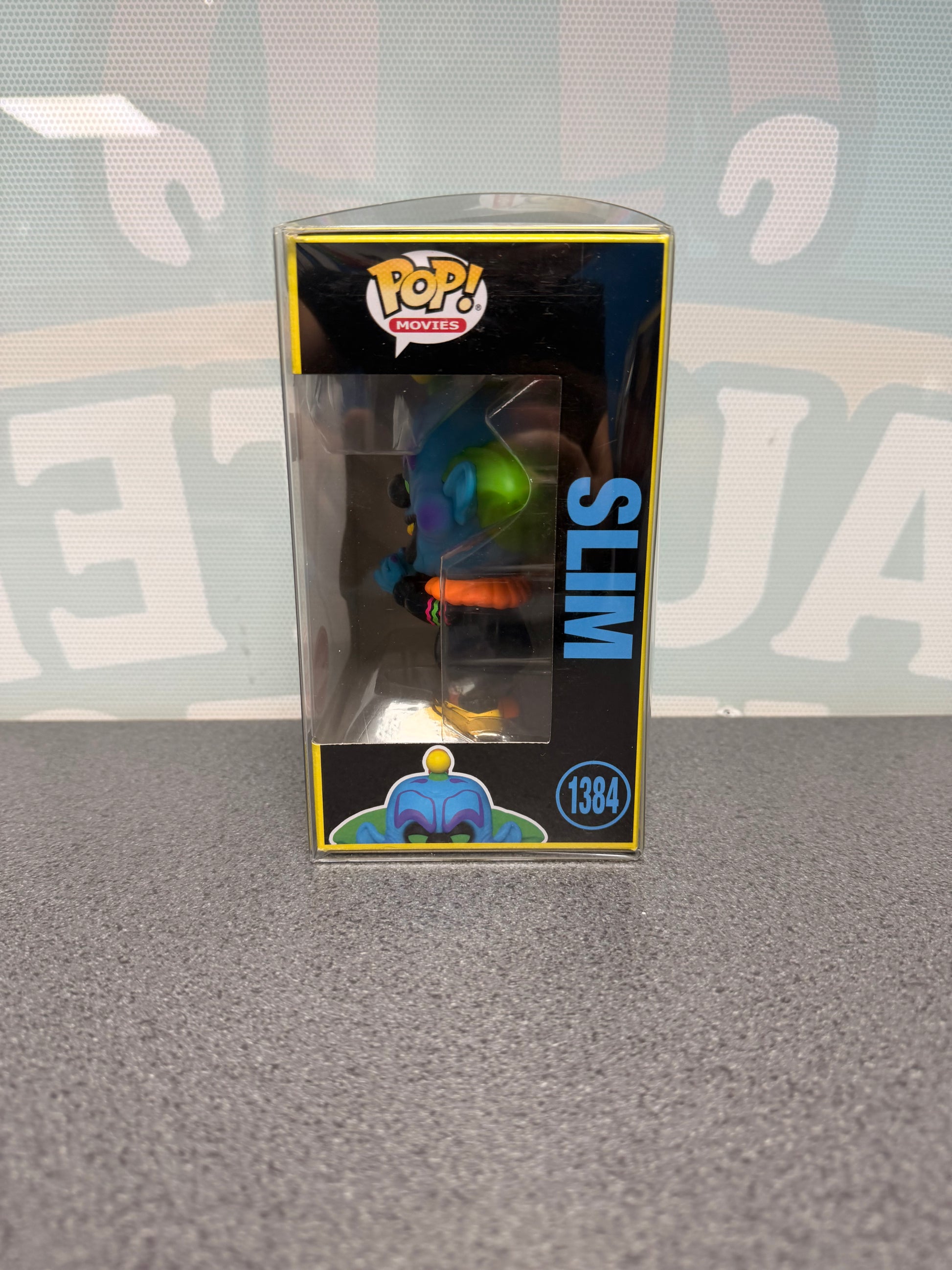 Slim #1384 Blacklight GameStop Exclusive Funko Pop! from Killer Klowns from Outer Space – window side of box