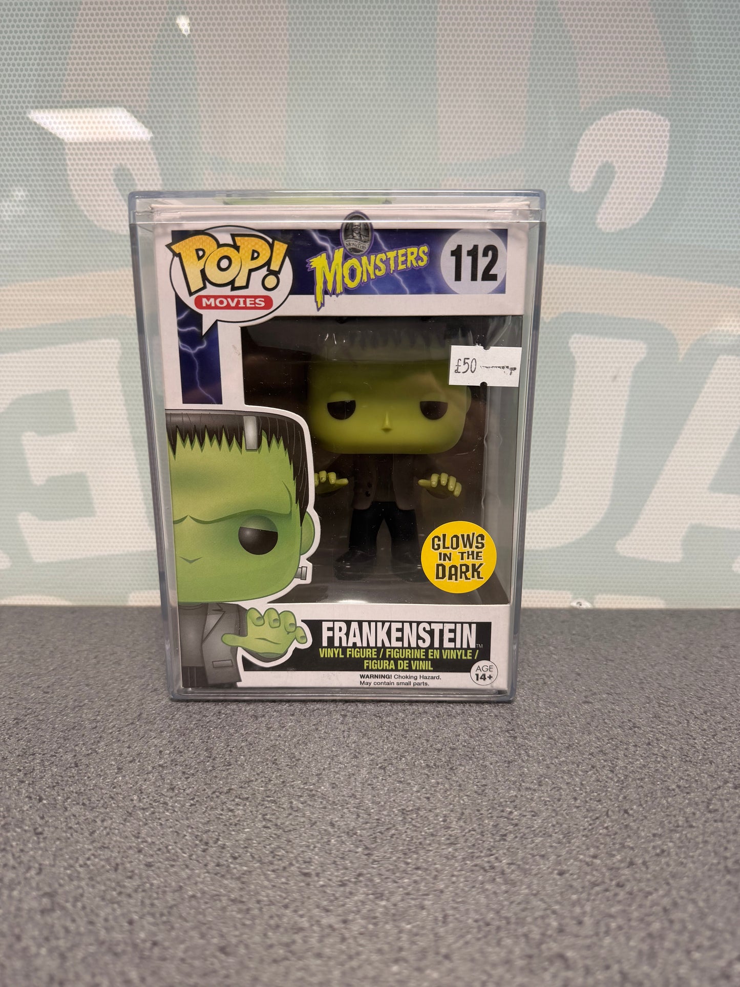 Frankenstein Glow in the Dark Funko Pop! #112 from Universal Monsters – front of box and figure