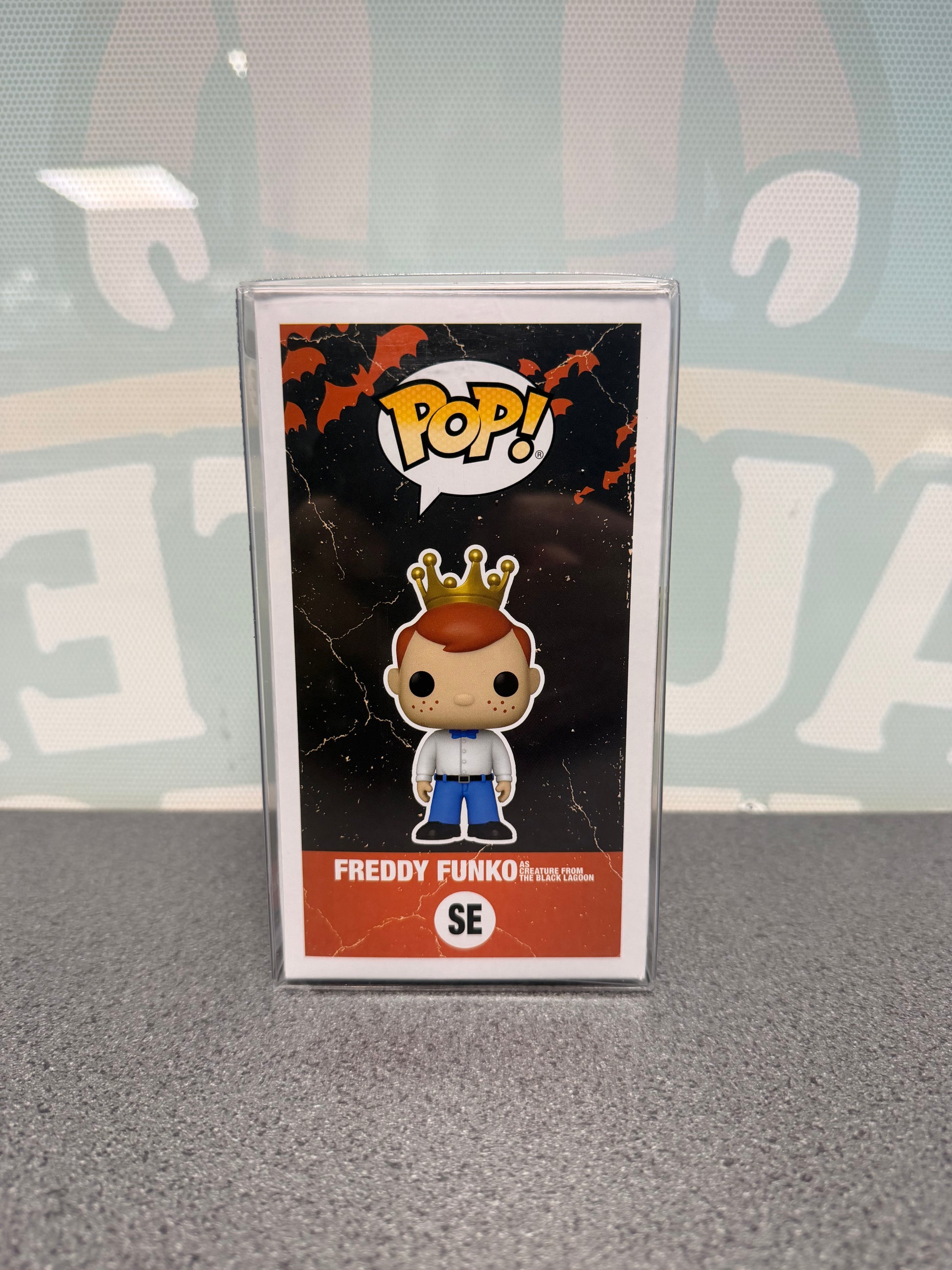 Illustrated Freddy Funko side panel of the Creature from the Black Lagoon Fright Night Pop! SE box.
