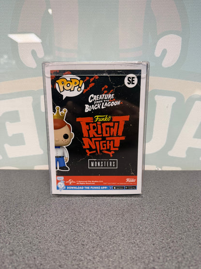 Rear of Freddy Funko as Creature from the Black Lagoon Pop! SE with Fright Night and Universal Monsters artwork.