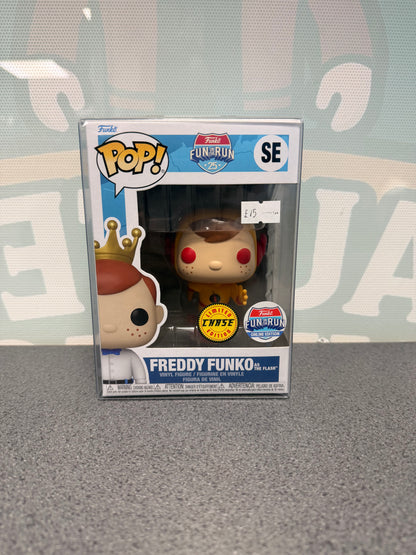 Front of Freddy Funko as The Flash Chase Pop! SE with the yellow suit and Chase and Online Edition stickers.