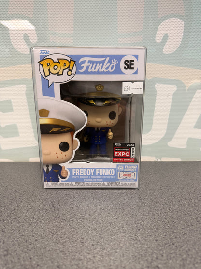 Front of Freddy Funko Pilot Pop! SE with Funko Airways Chicago artwork and the 3,000-piece 2024 Expo sticker.