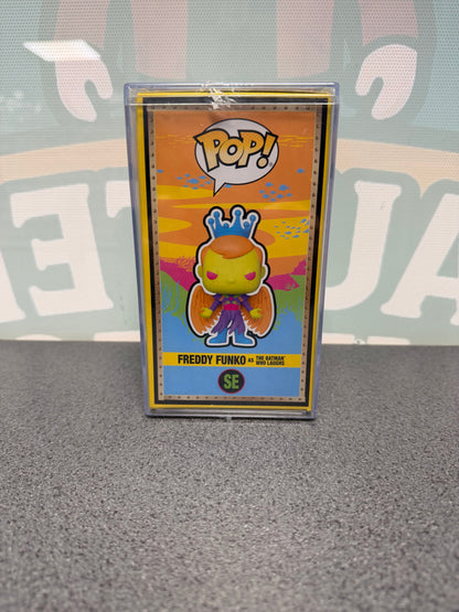 Illustrated side panel of Freddy Funko as The Batman Who Laughs Blacklight Pop! SE.