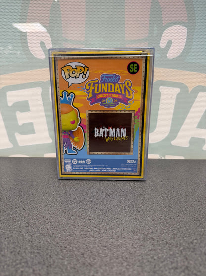 Rear of Freddy Funko as The Batman Who Laughs Pop! SE with Fundays Quest for the Grail 2026 artwork.