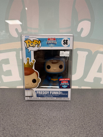 Front of Freddy Funko as the Dynamic Duo Batman Pop! SE with the 2023 Travel Edition sticker.