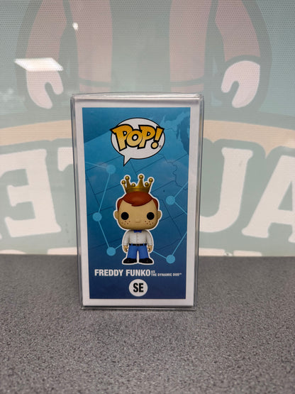 Illustrated Freddy Funko side panel of the Dynamic Duo Fun on the Run Pop! SE box.