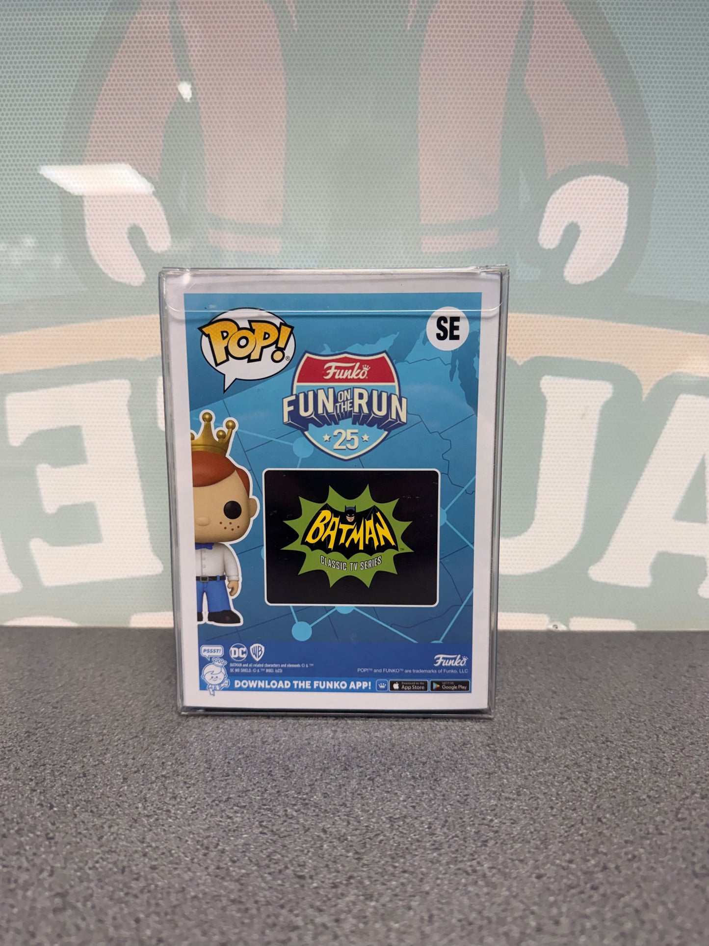 Rear of Freddy Funko as the Dynamic Duo Pop! SE packaging with the Batman logo.