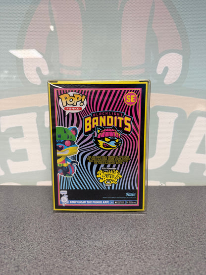 Rear of the Blacklight Bandits Funko Pop! SE box with Fundays Blacklight Battle 2022 artwork.