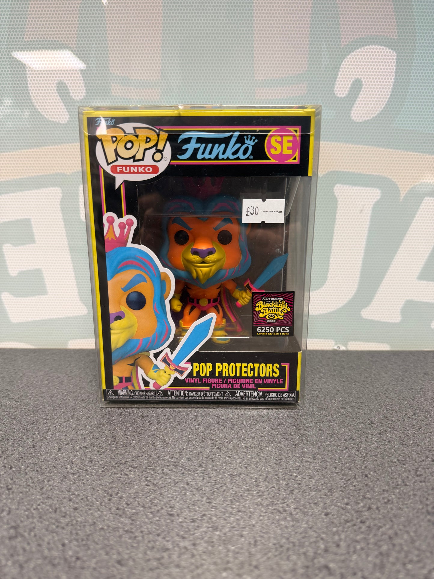Front of Pop Protectors Funko Pop! SE with the lion figure and 6,250-piece Fundays sticker.