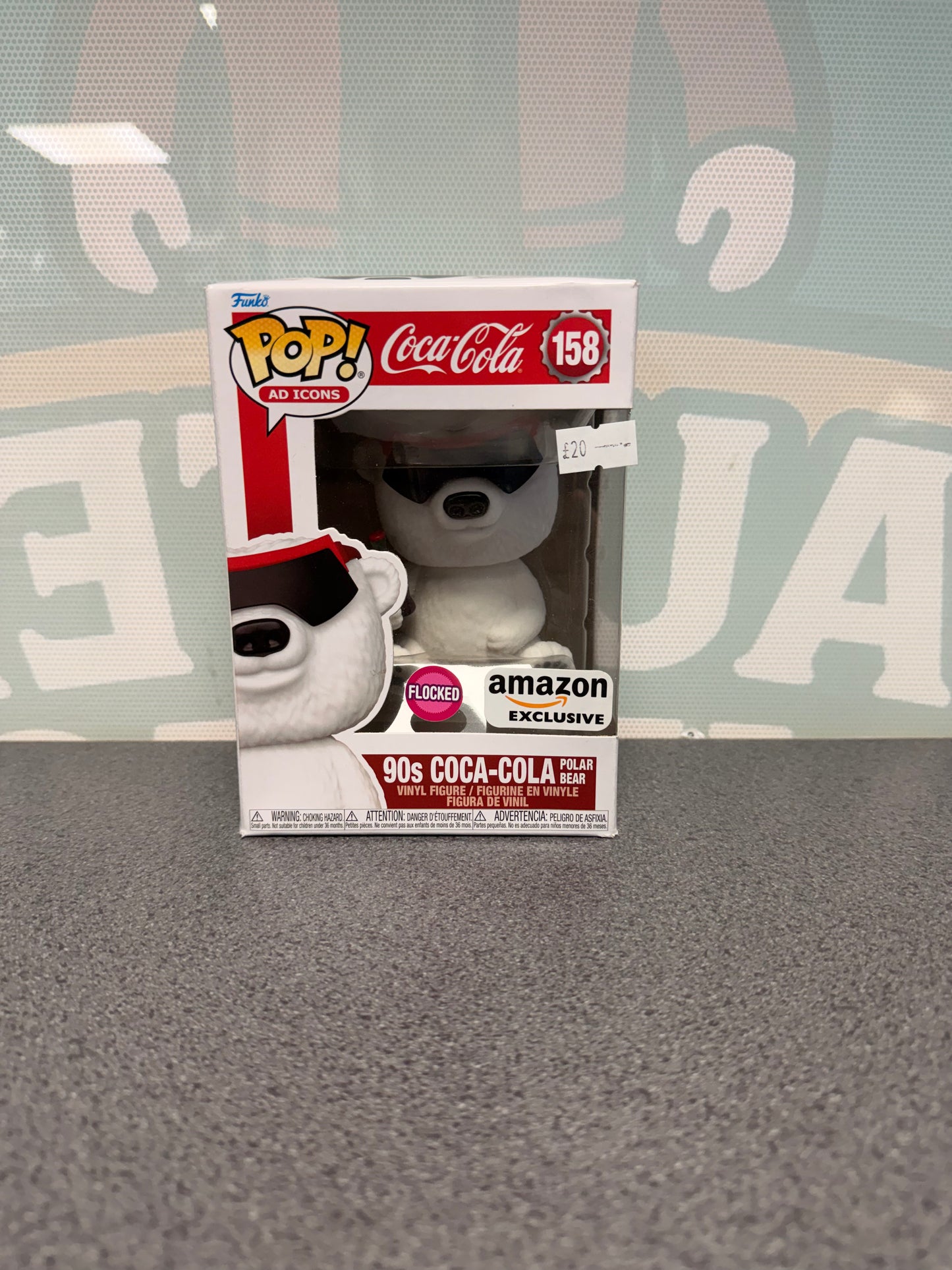 90s Coca-Cola Polar Bear Funko Pop! #158 box front, Flocked Amazon Exclusive edition