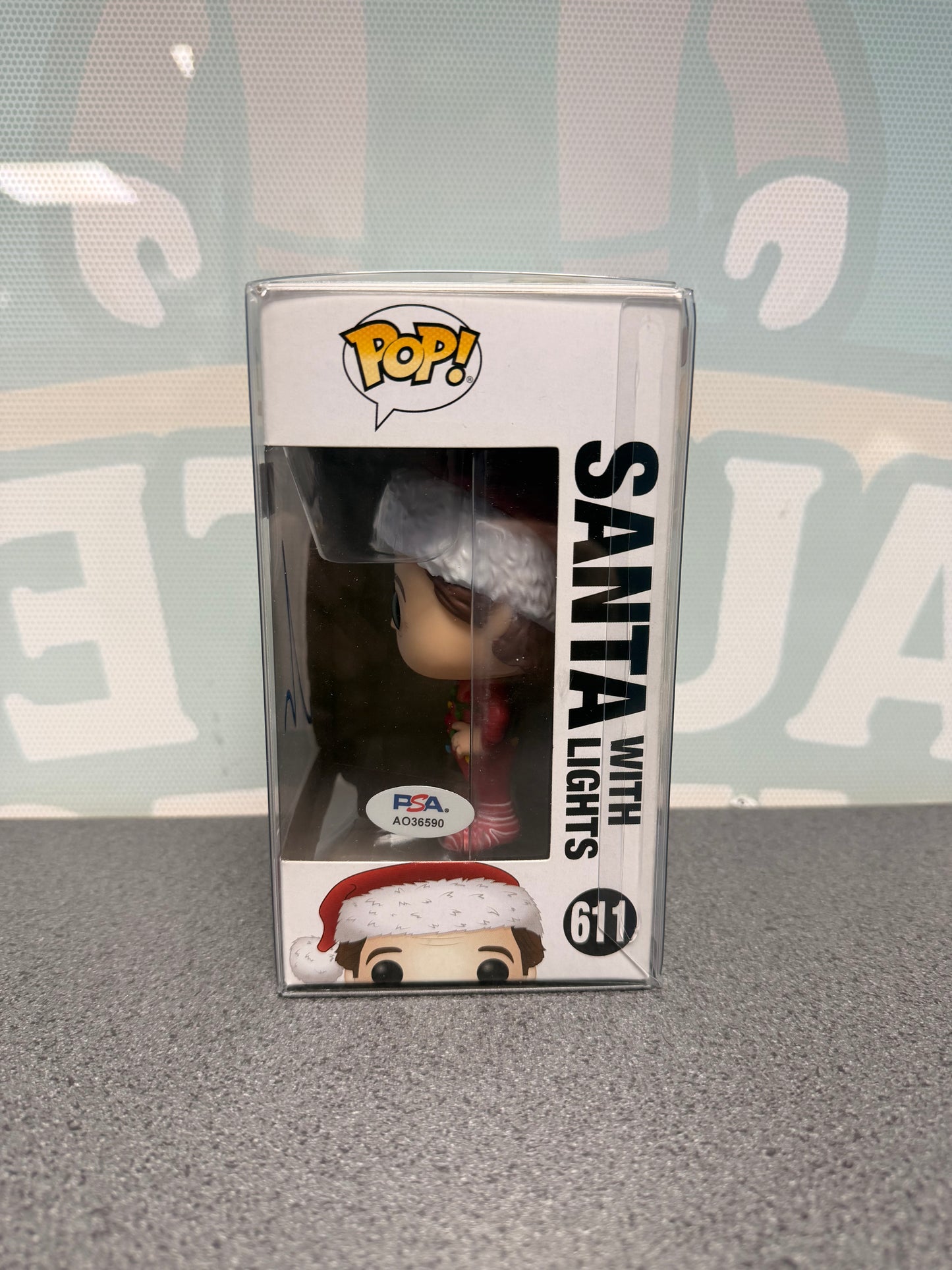 Santa with Lights Funko Pop! #611 window side showing PSA authentication AO36590