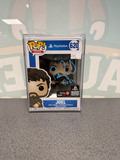 Joel Funko Pop! #620 box front, with a Pedro Pascal autograph in blue ink