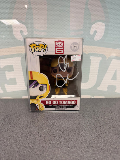 Go Go Tomago Funko Pop! #107 box front, with a Jamie Chung autograph in white ink