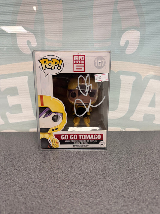 Go Go Tomago Funko Pop! #107 box front, with a Jamie Chung autograph in white ink