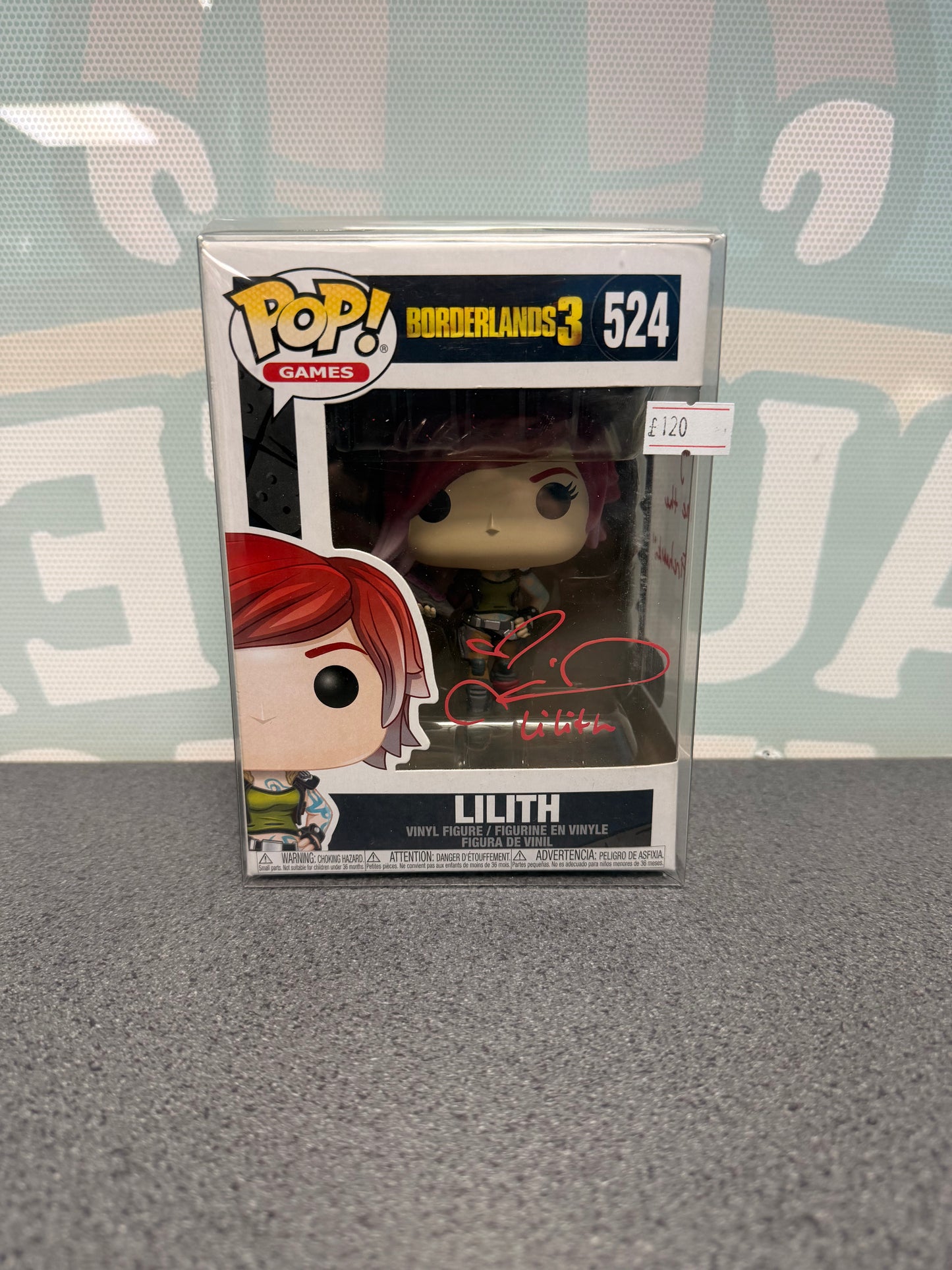 Lilith Funko Pop! #524 box front, with a Colleen Clinkenbeard autograph in red ink