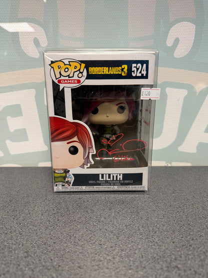 Lilith Funko Pop! #524 box front, with a Colleen Clinkenbeard autograph in red ink