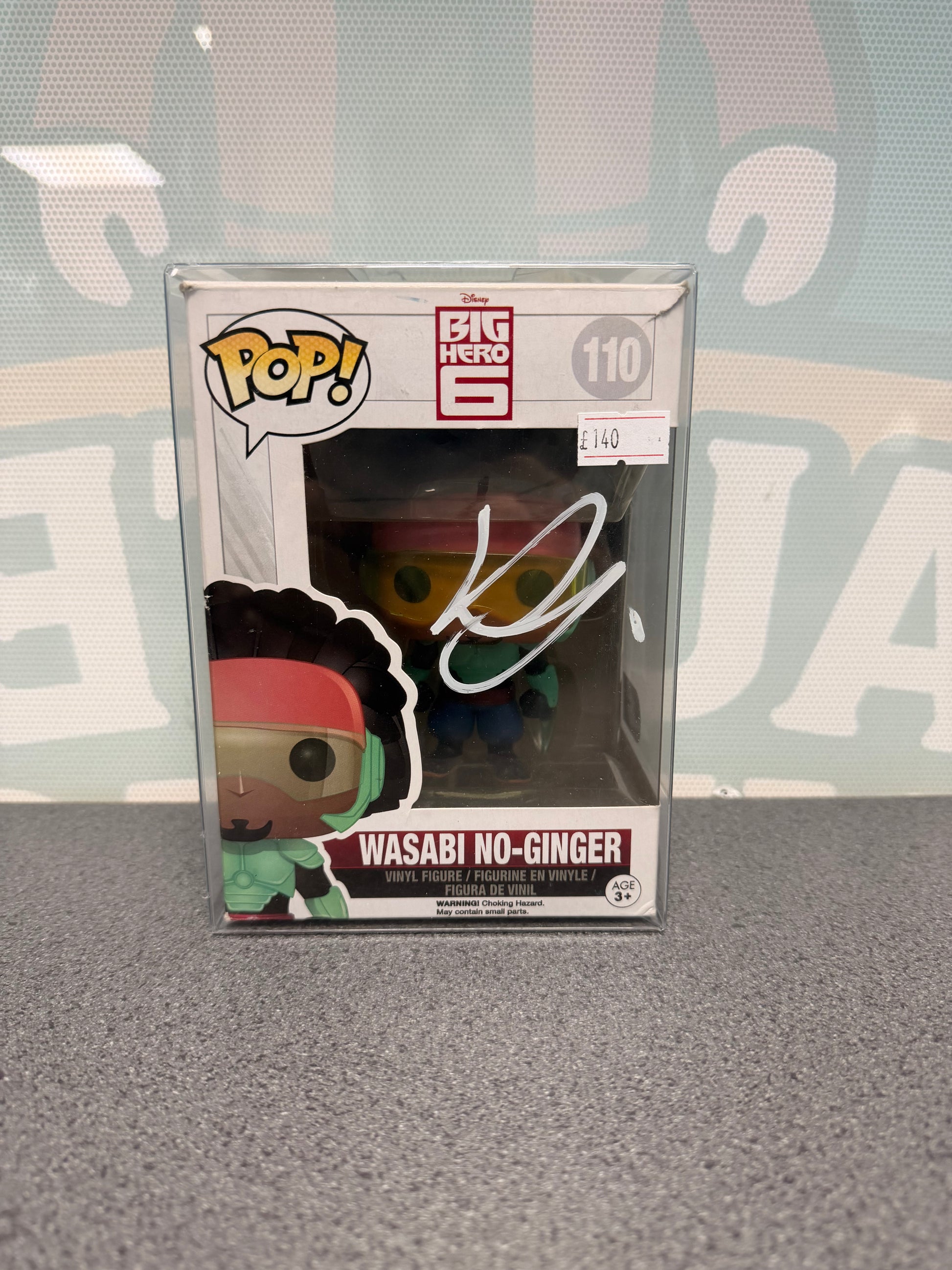 Wasabi No-Ginger Funko Pop! #110 box front, with a Damon Wayans Jr. autograph in white ink