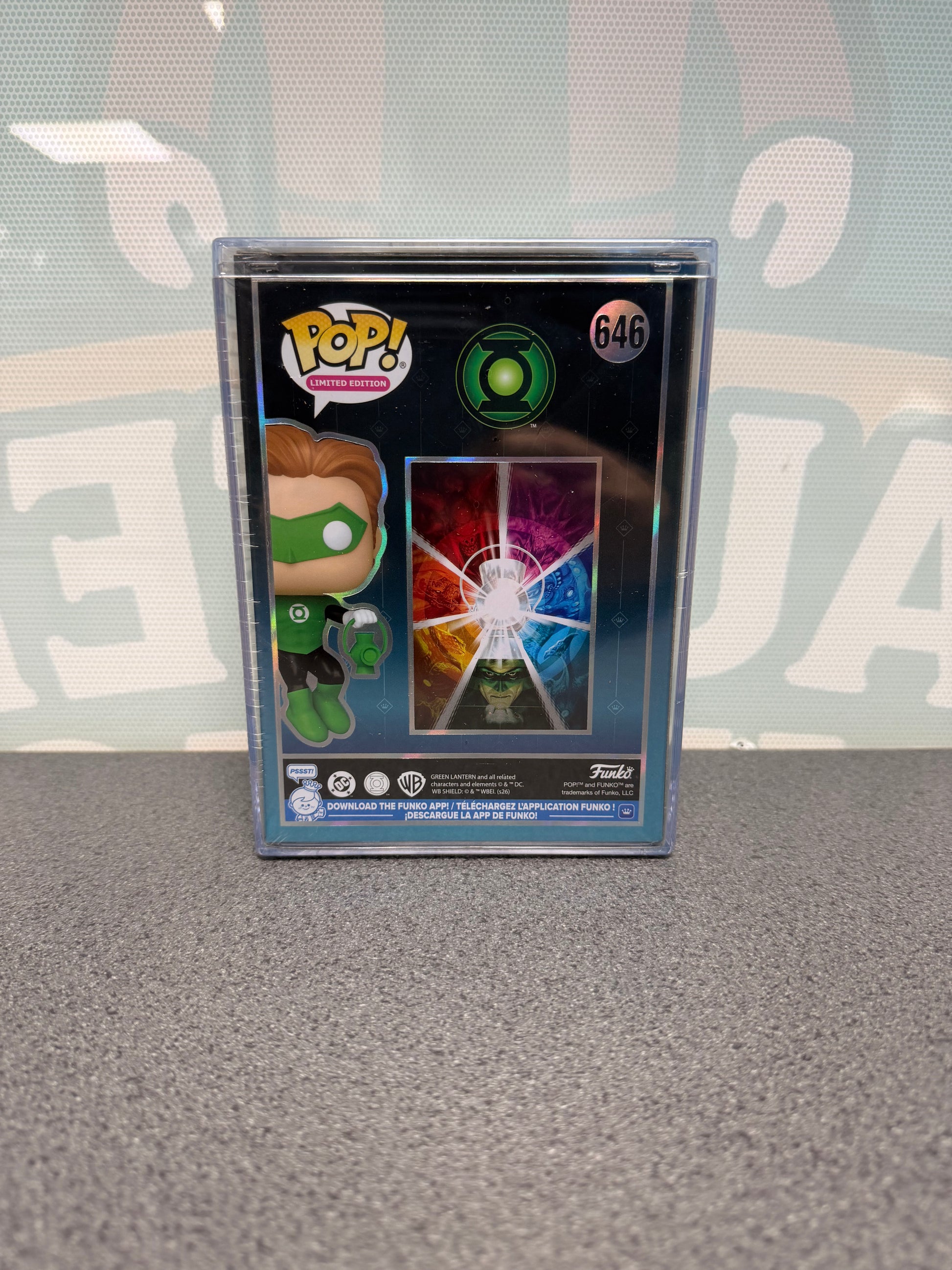 Green Lantern Funko Pop! #646 box rear with DC artwork