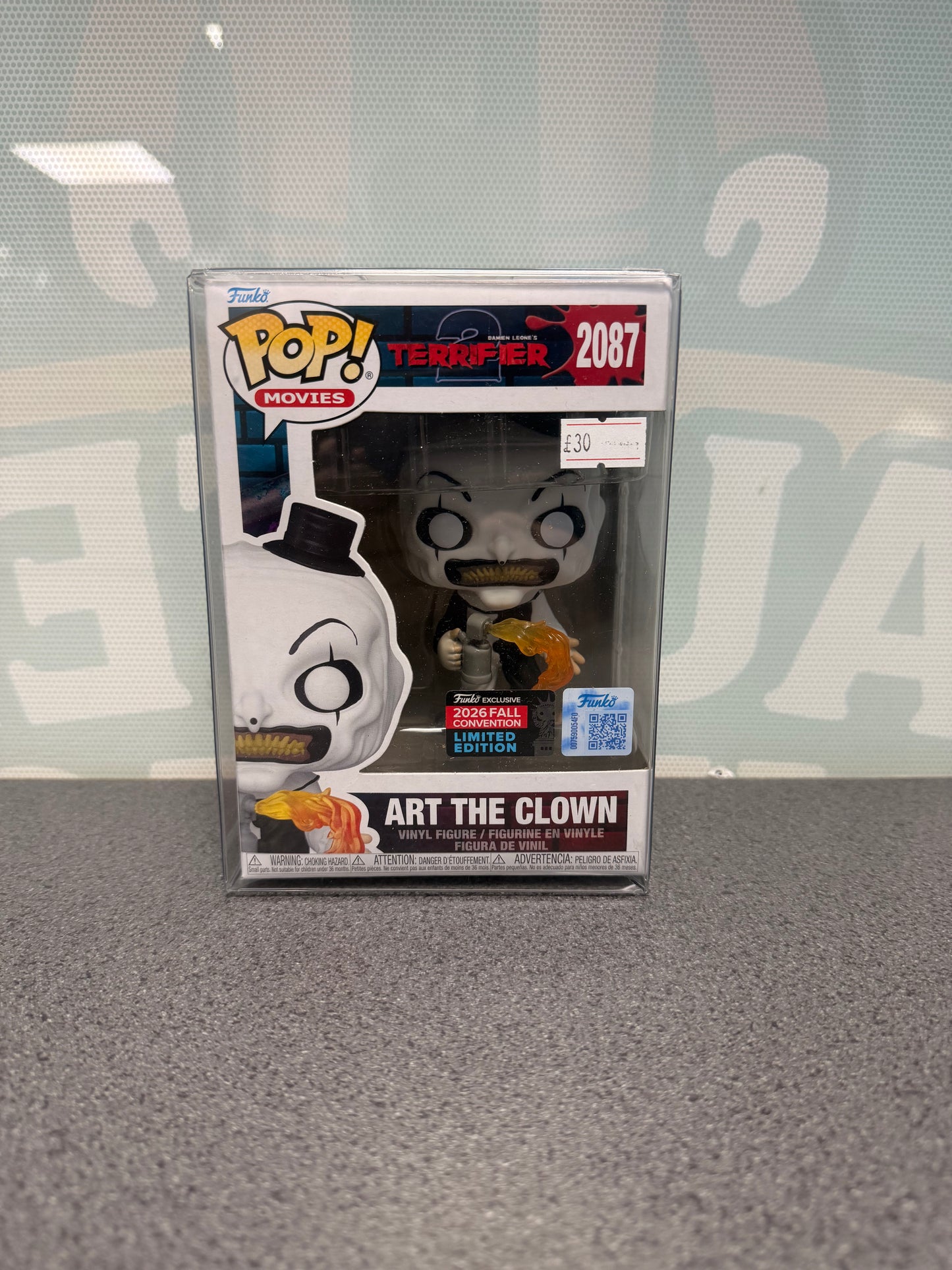 Front of Art the Clown Terrifier 2 Funko Pop! #2087 with the 2026 Fall Convention sticker