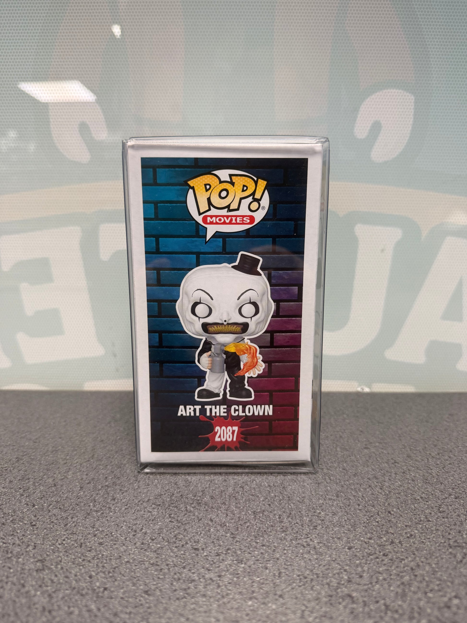 Illustrated side panel of Art the Clown Terrifier 2 Funko Pop! #2087 packaging