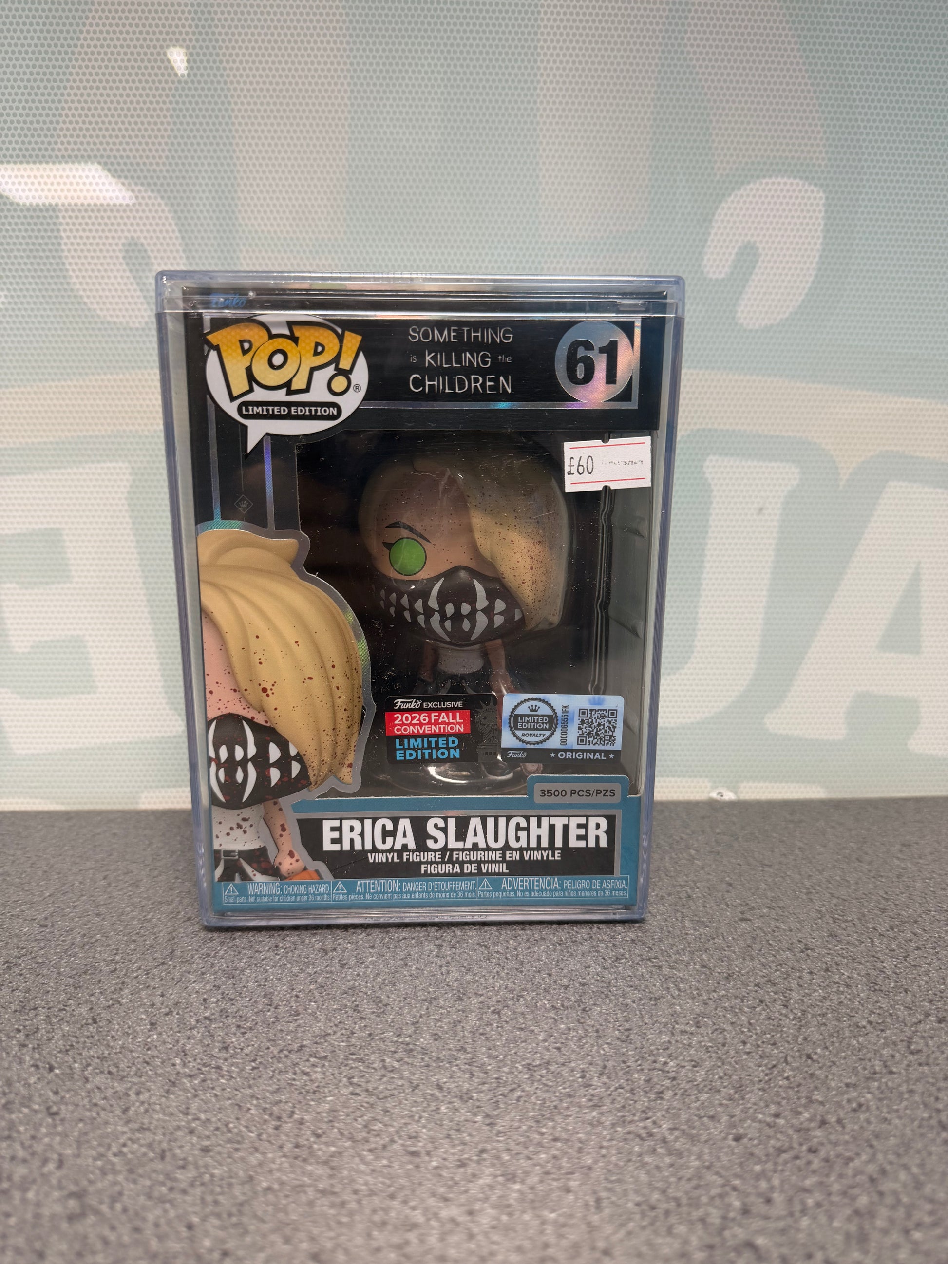 Front of Erica Slaughter Funko Pop! #61 showing the 3500-piece marking and 2026 Fall Convention sticker