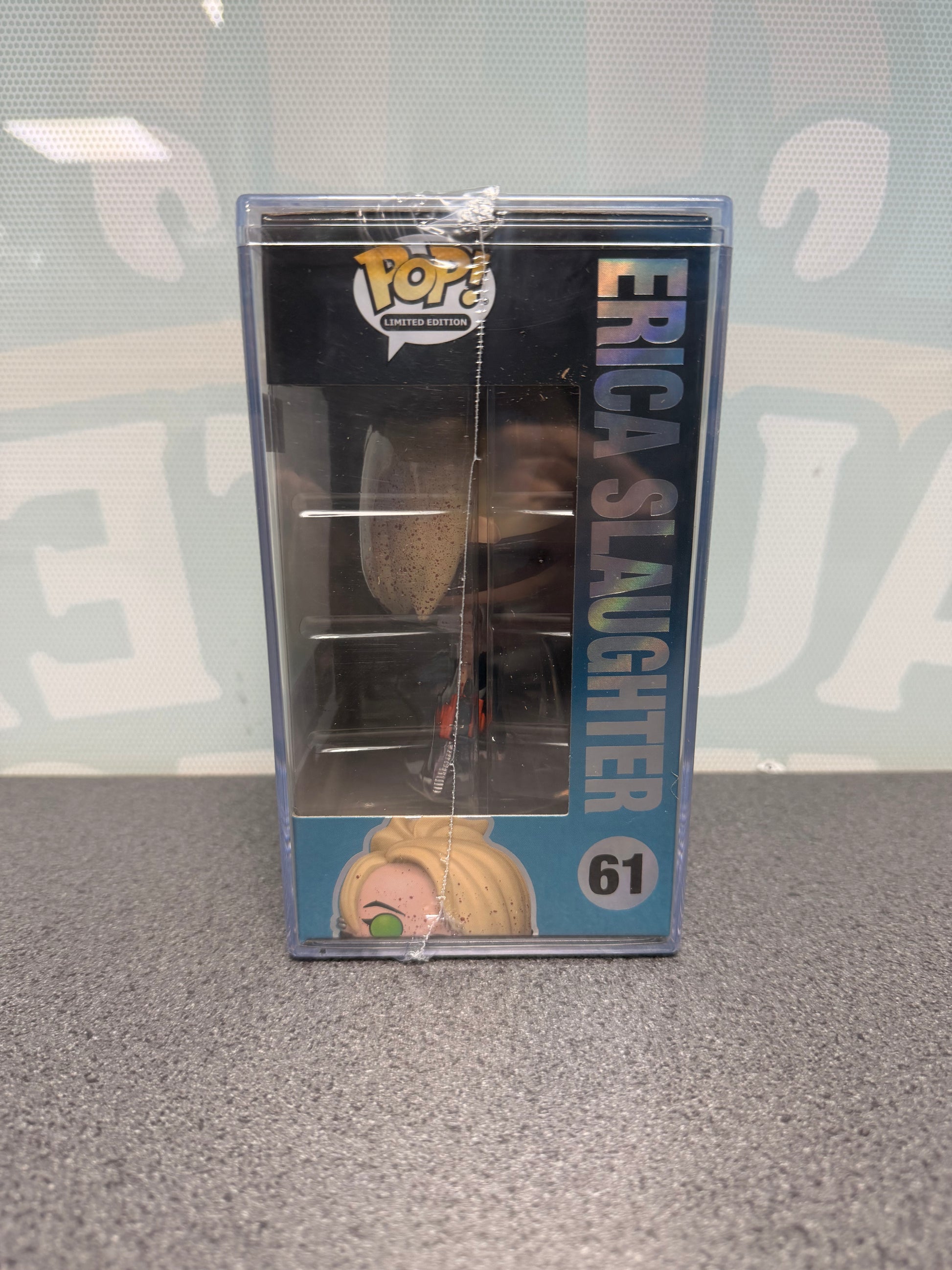 Window side of Erica Slaughter Funko Pop! #61 3500-piece edition packaging