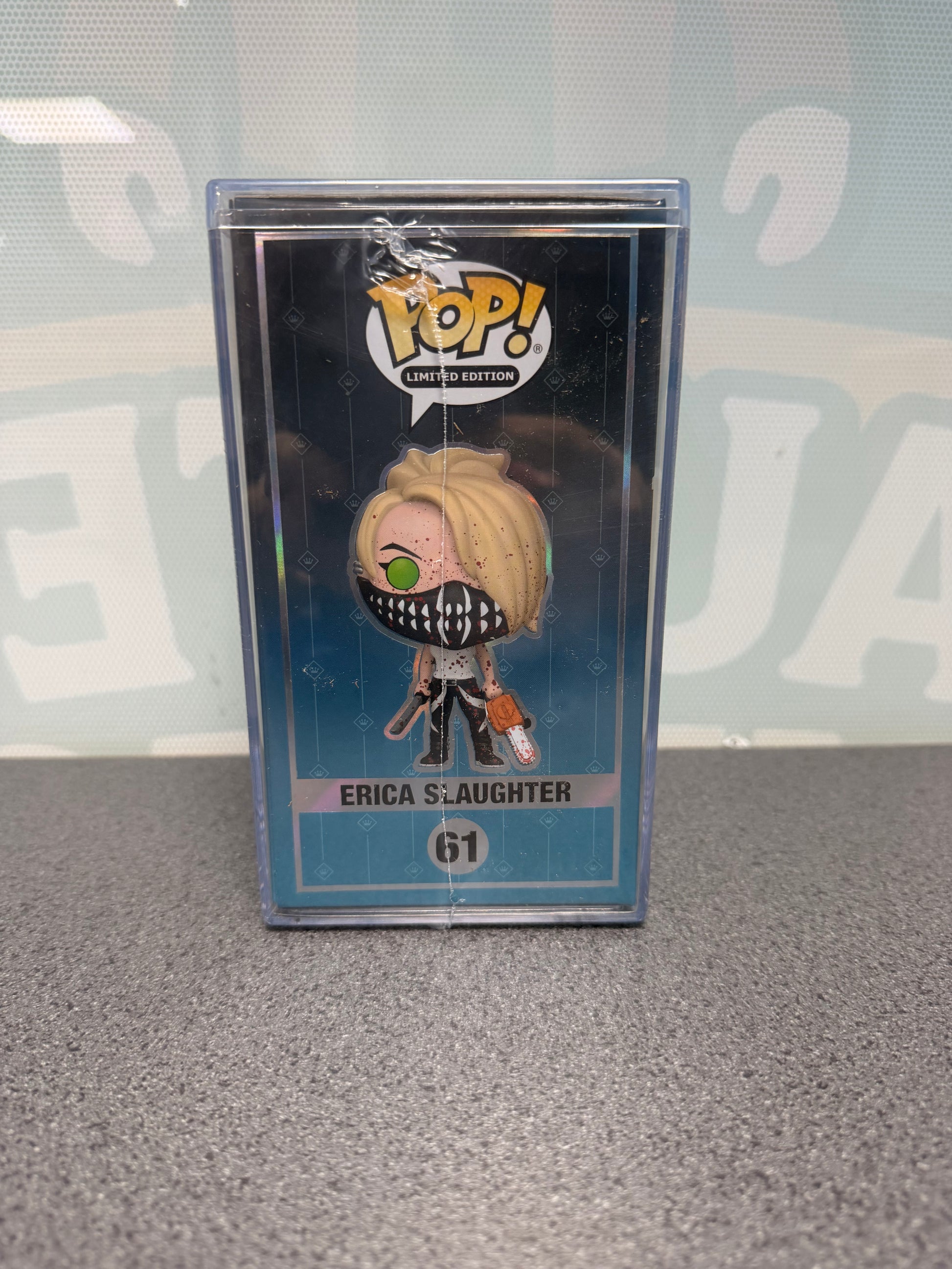 Illustrated side panel of Erica Slaughter Funko Pop! #61 3500-piece edition packaging