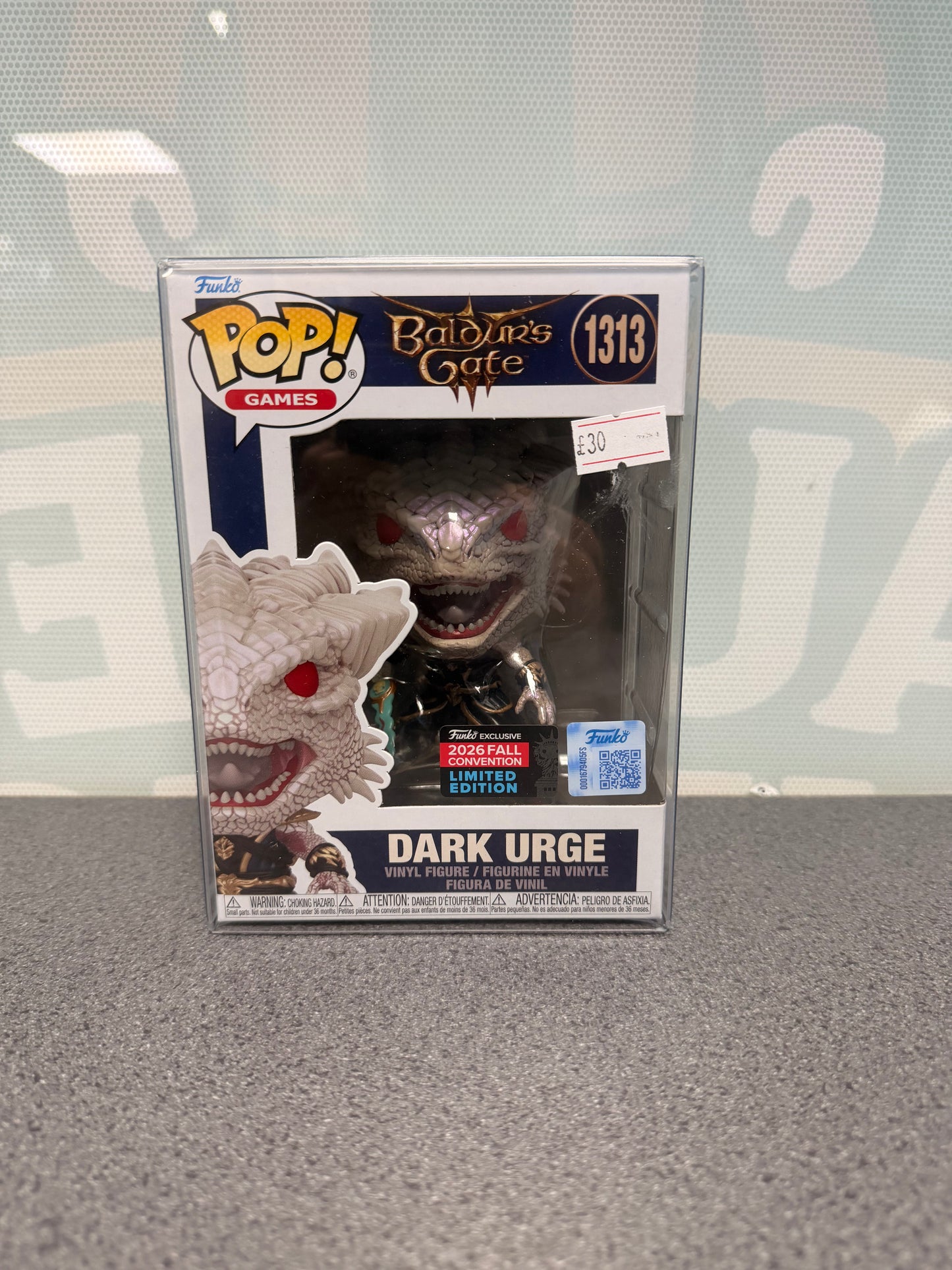Front of Dark Urge Baldur's Gate III Funko Pop! #1313 with the 2026 Fall Convention sticker