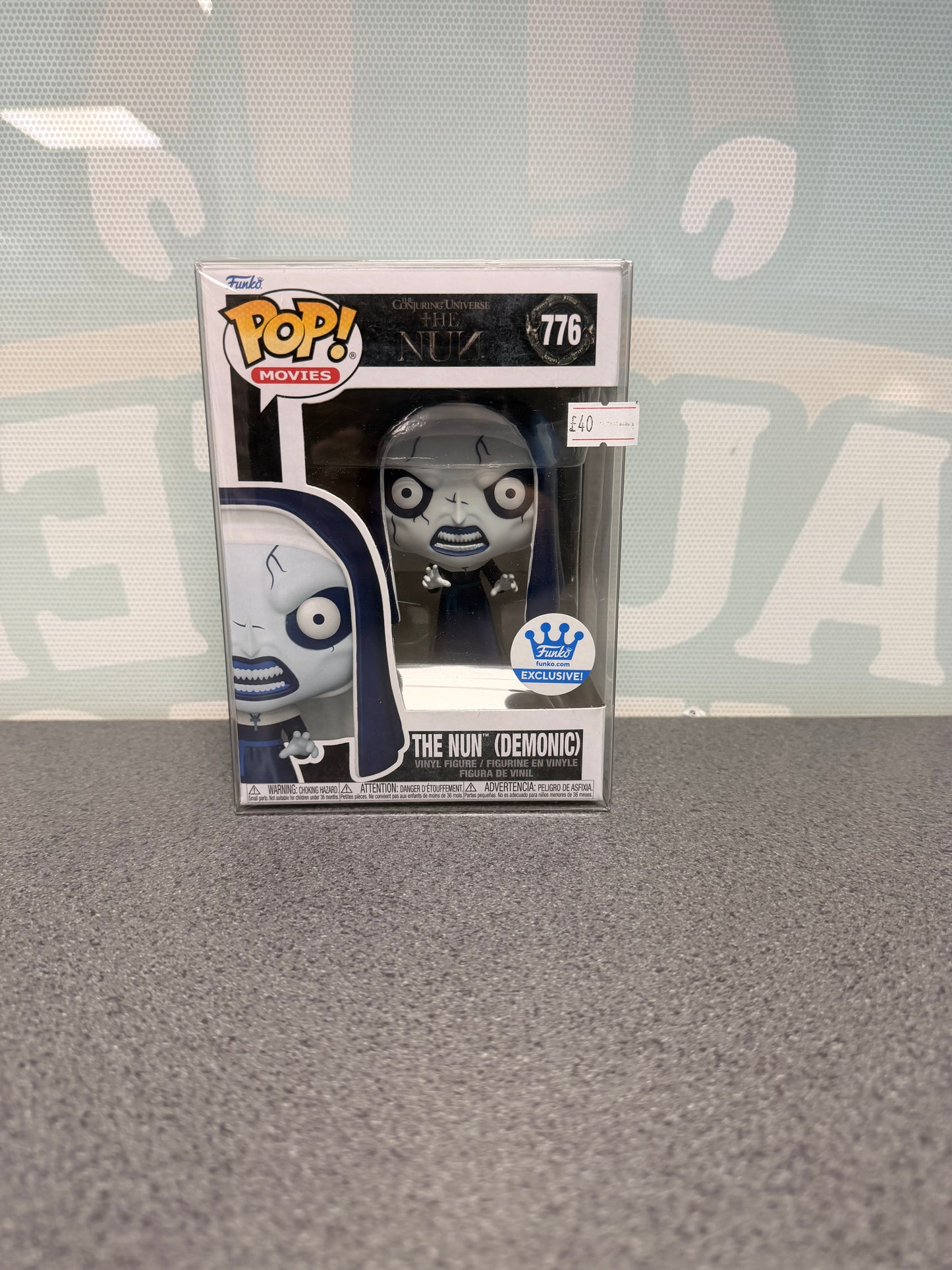 Front of The Nun Demonic Funko Pop! #776 box with the blue Funko Shop Exclusive sticker